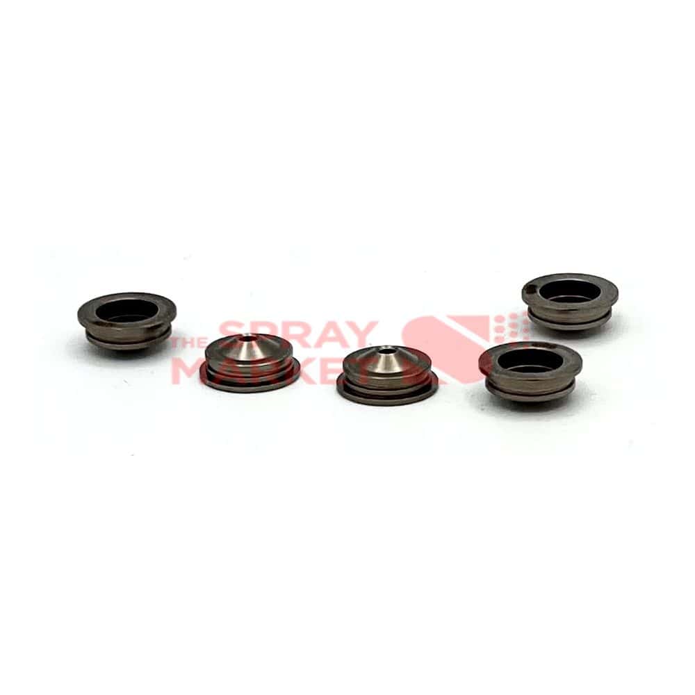 Spray gun nozzle parts for painting and coating applications.