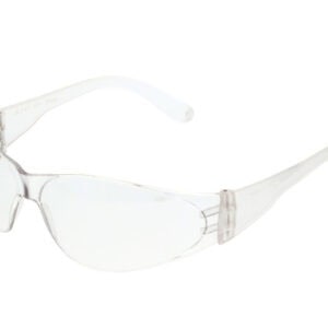 Clear safety glasses with transparent lenses and temples for eye protection.