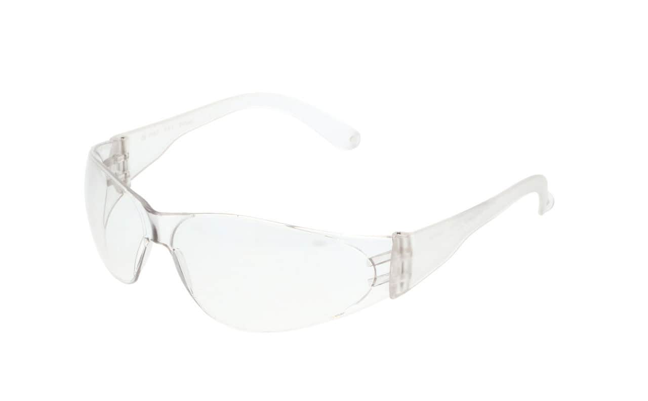 Clear safety glasses with transparent lenses and temples for eye protection.