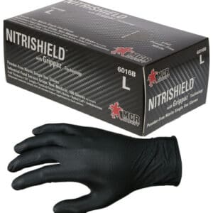 Black nitrile gloves in size large for industrial use.