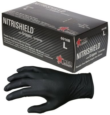 Black nitrile gloves in size large for industrial use.