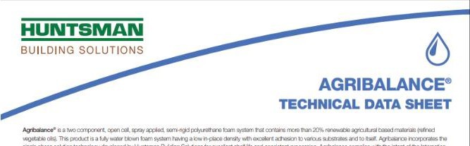 Huntsman Agribalance resin technical data sheet for spray foam insulation.