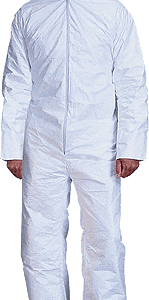 Person wearing a white protective coverall with hood for industrial safety.