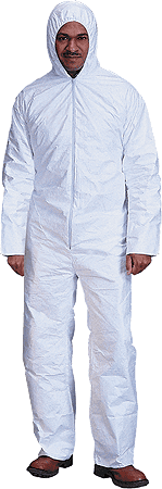 Person wearing a white protective coverall with hood for industrial safety.