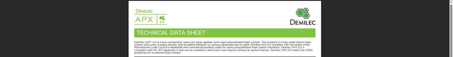 Demilec APX 2.0 technical data sheet for spray foam insulation.