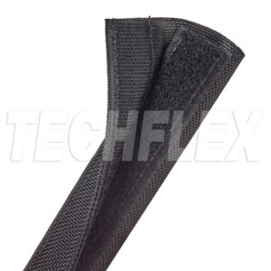 Black Dura-Wrap hose protection sleeve for industrial use.