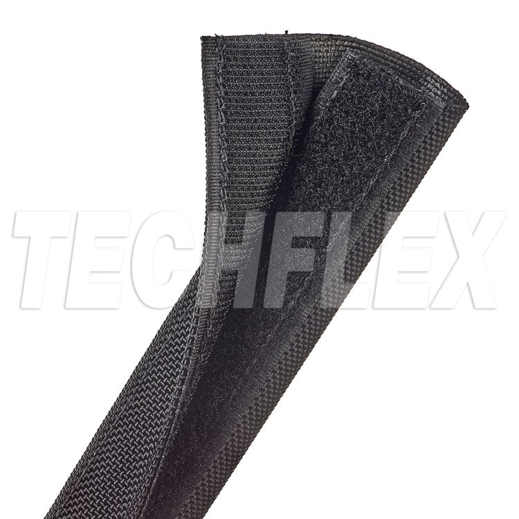 Black Dura-Wrap hose protection sleeve for industrial use.
