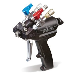 Industrial spray gun with multiple color-coded nozzles for precise application.