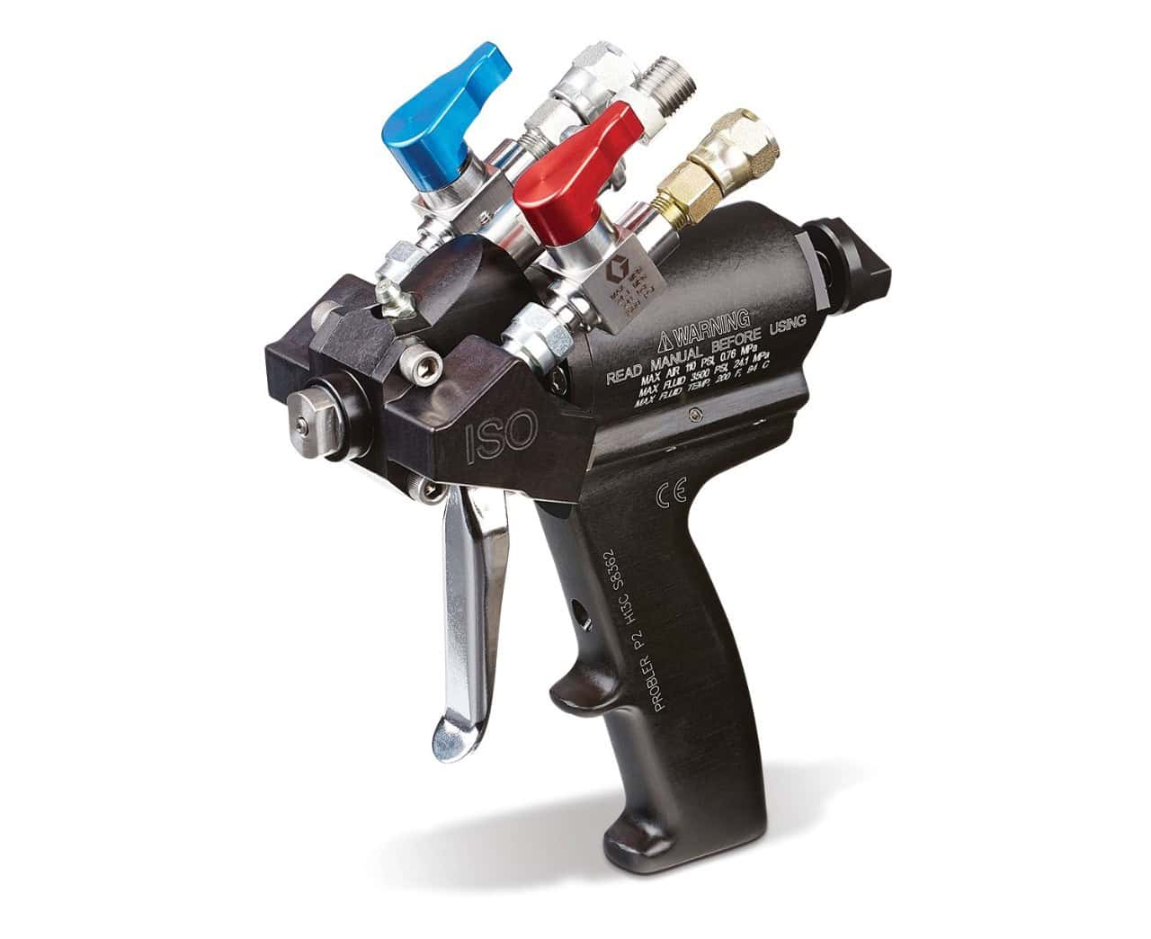 Industrial spray gun with multiple color-coded nozzles for precise application.