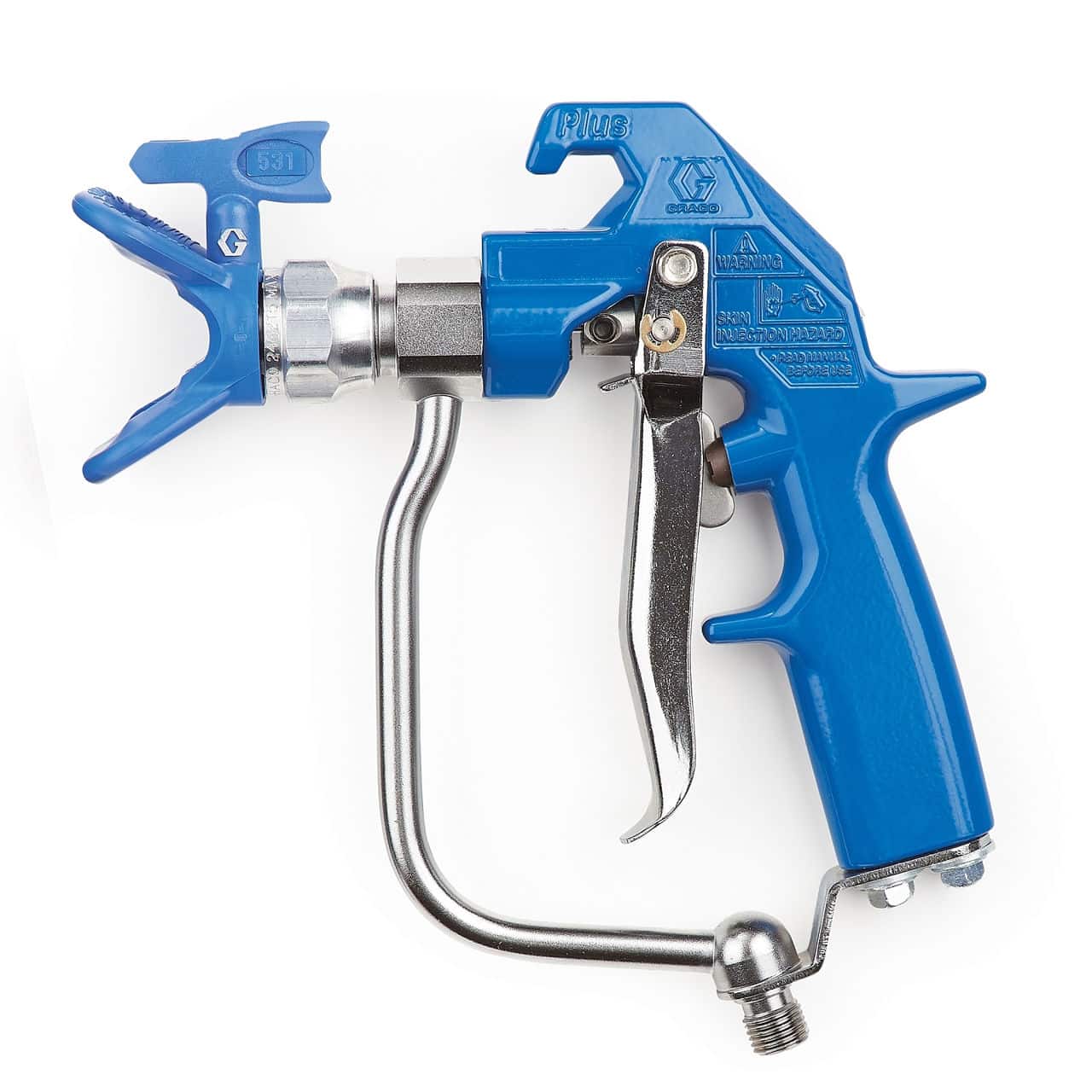 Blue spray gun for texture application with trigger and nozzle.