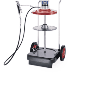 Industrial spray pump with cart and hose for spraying applications.