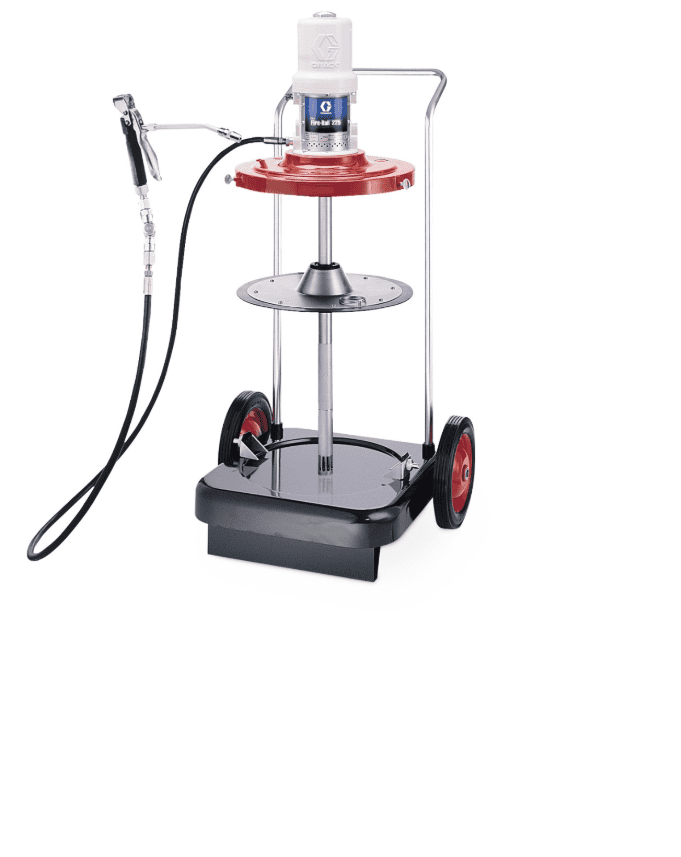 Industrial spray pump with cart and hose for spraying applications.
