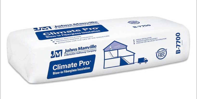 Johns Manville Climate Pro B-7700 blow-in fiberglass insulation package.
