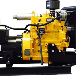 Yellow industrial generator with black components and control panel.