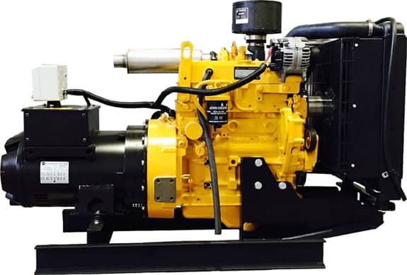 Yellow industrial generator with black components and control panel.