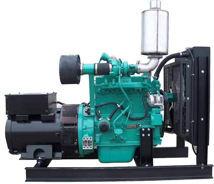 Industrial diesel generator with open frame design and cooling system.