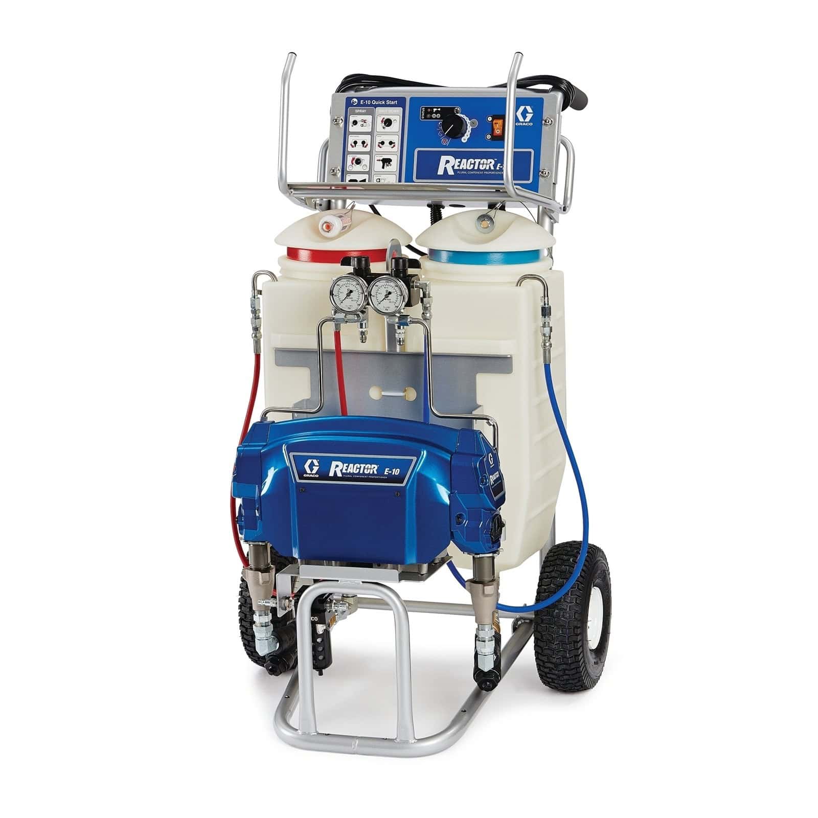 High-capacity spray machine with hoses and gauges for industrial applications.