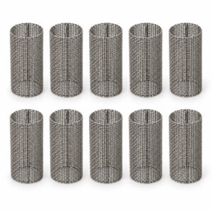 Set of 10 stainless steel spray screen filters for paint sprayers.
