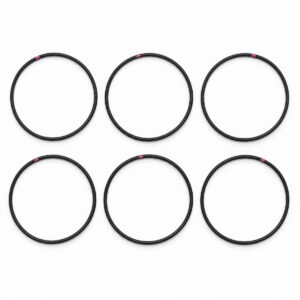 Six black O-rings with pink markings for spray gun repair or maintenance.