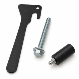 Spray gun repair kit with wrench, bolt, and rubber part for maintenance.